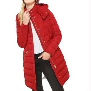 Desigual Women's 6 Padded INGA Jacket Red Longline Hood Floral Christmas Holiday